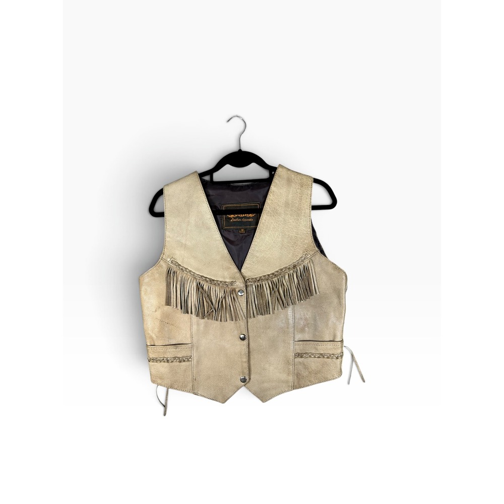 Unik Tan Leather Fringed Vest Women's Size Med with Concho side accents